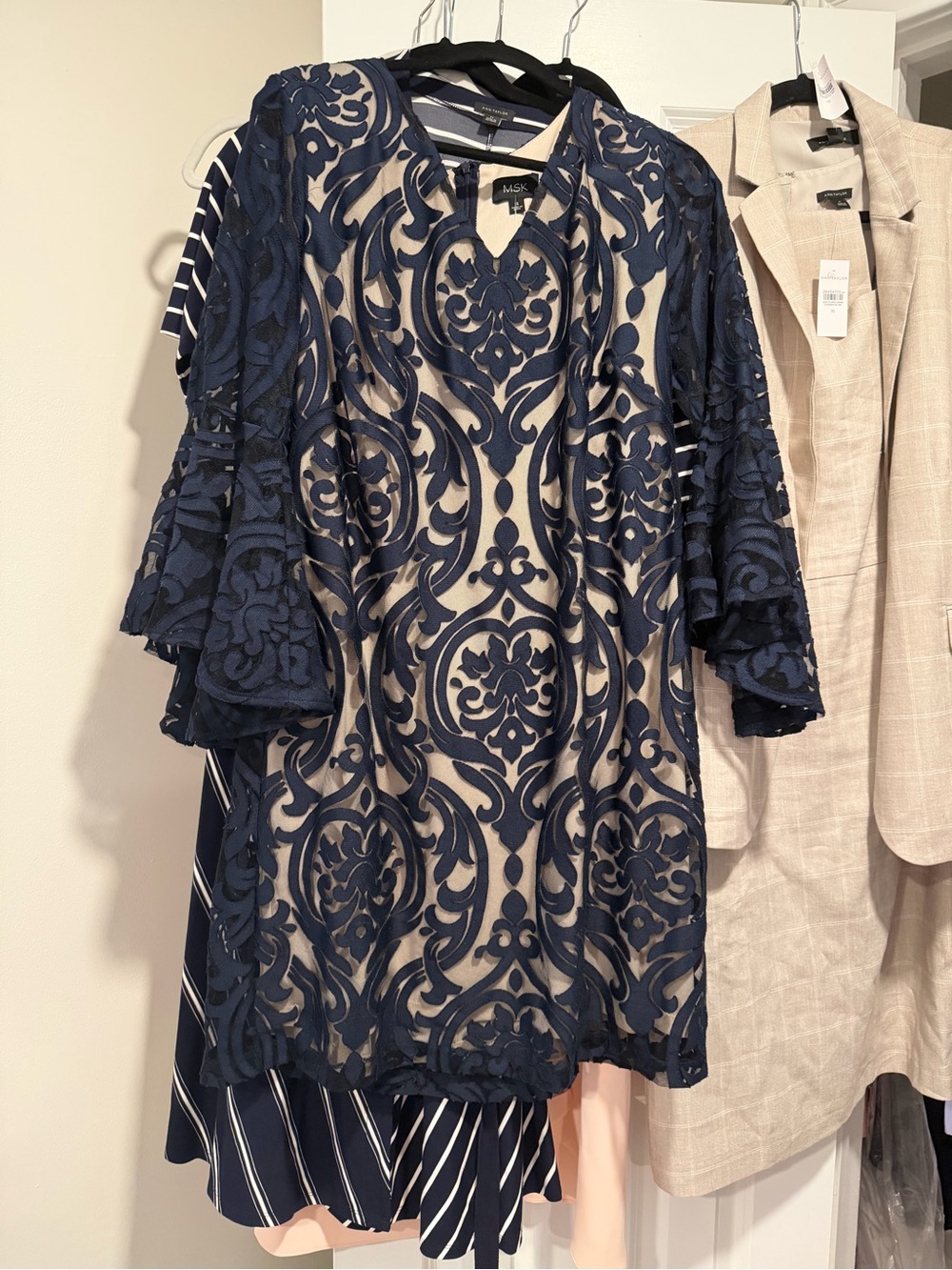 MSK Navy Blue Lace Overlay Shift Dress with Nude Underlay